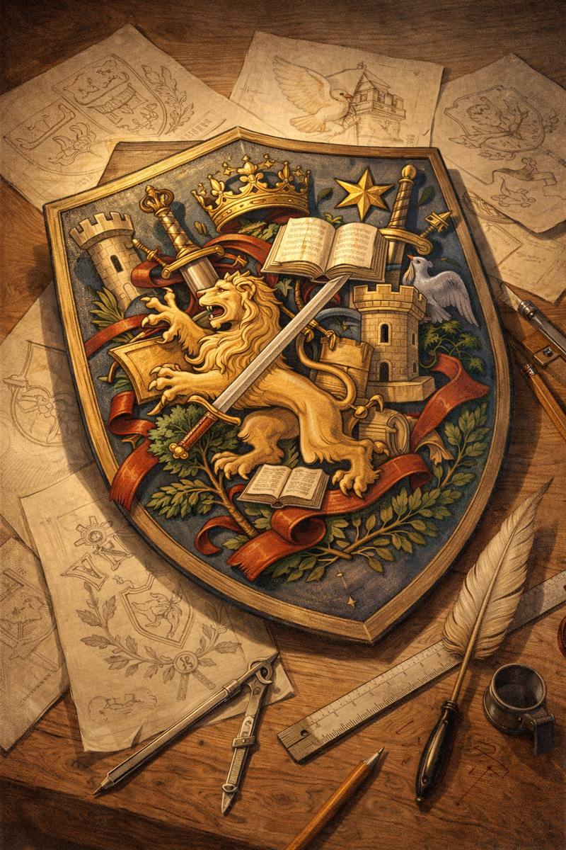 Когда символы выбираются по принципу «нравится всё сразу», герб теряет структуру и превращается в перегруженную композицию.