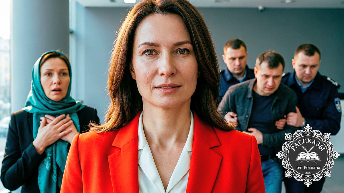 Женщина с темно-русыми волосами и карими глазами, в ярко-красном деловом пиджаке из плотной ткани. Она стоит с высоко поднятой головой и холодным торжеством во взгляде. На заднем плане, в тусклых серых тонах, её брат Вадим, которого уводят двое мужчин в штатском, и его жена Алина в бирюзовом платке, застывшая в шоке. Фокус на лице Ксении и её победной эмоции.