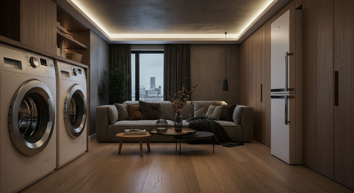 Интерьер современной американской квартиры с чистым и продуманным пространством без стиральной машины, подчеркивающим минимализм и открытость.