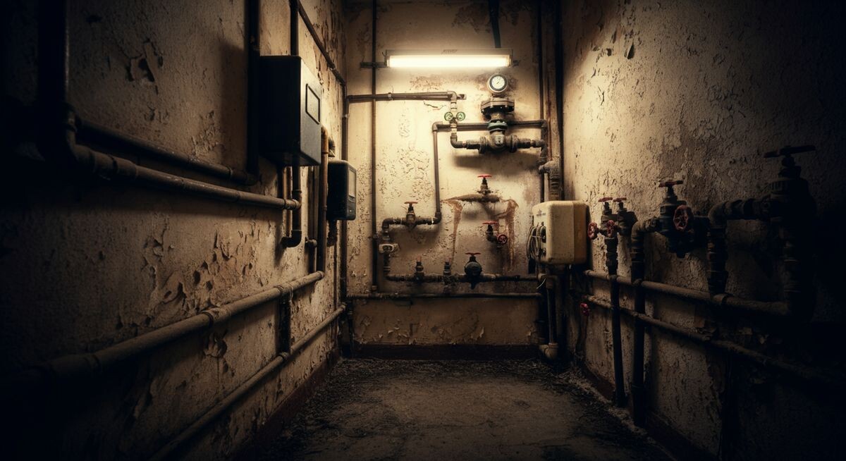 Старые трубы в стене, неудобное подключение, провода и обшарпанные стены в тесной служебной комнате, демонстрирующие устаревшую и непригодную инфраструктуру.