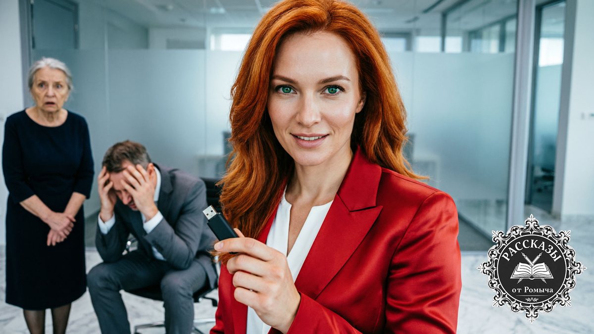 Женщина с ярко-рыжими медными волосами и пронзительными зелеными глазами, одета в ярко-красный деловой жакет из плотного атласа. Она стоит в современном офисе, в руках держит черную флешку, на лице холодная торжествующая улыбка. На заднем фоне в расфокусе сломленный муж Виктор в тускло-сером костюме сидит, обхватив голову руками, рядом растерянная пожилая свекровь в темном платье.