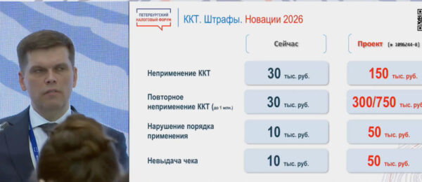 Александр Сорокин и его презентация: как возрастут штрафы за неприменение ККТ в 2026 году. Фото: скриншот Петербургского налогового форума