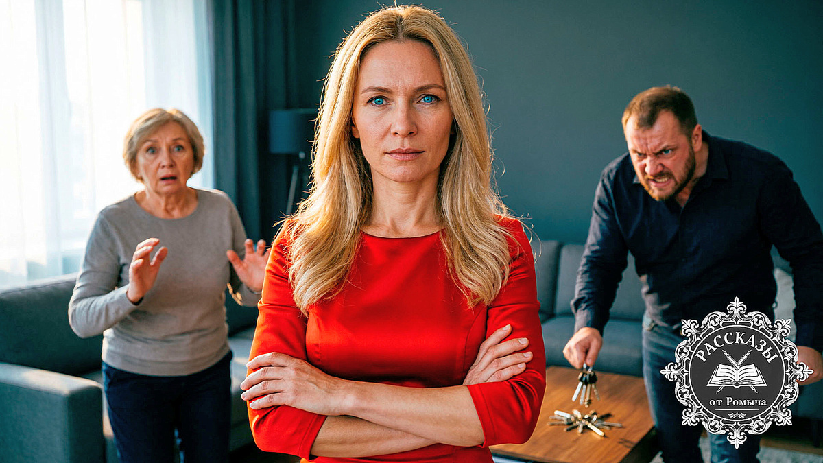 Женщина, светлый блонд, голубые глаза, в ярко-красном платье. Она стоит в центре гостиной, сложив руки на груди, с холодным и торжествующим выражением лица. На заднем плане, в тусклых тонах, деверь Кирилл в ярости и смятении бросает ключи на стол, рядом шокированная свекровь. Фокус на лице героини и её глазах.