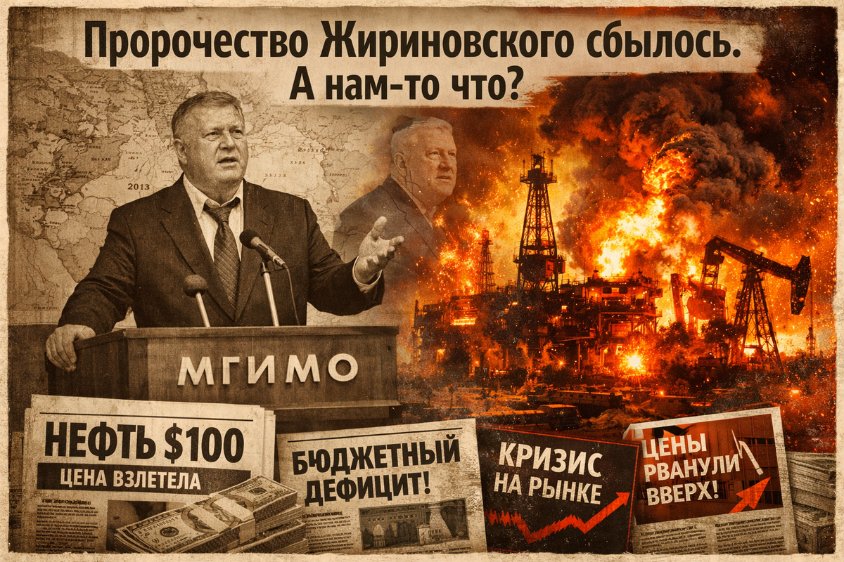 Архивное фото Владимира Жириновского на трибуне МГИМО в 2013 году наложено на современные кадры горящих нефтяных вышек и графика роста цен на нефть до 100 долларов.