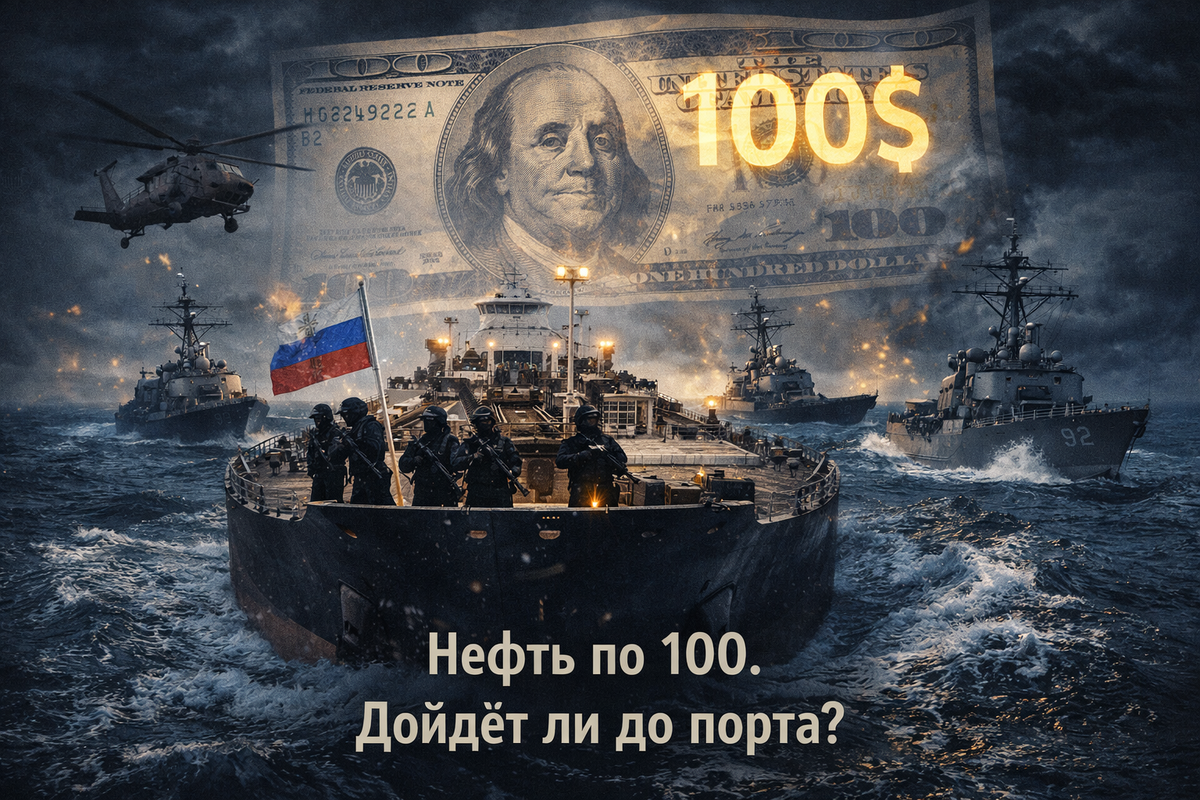 Российский танкер в открытом море окружён американскими военными кораблями, на палубу высаживается спецназ с вертолёта, на фоне призрачная цифра 100 долларов.