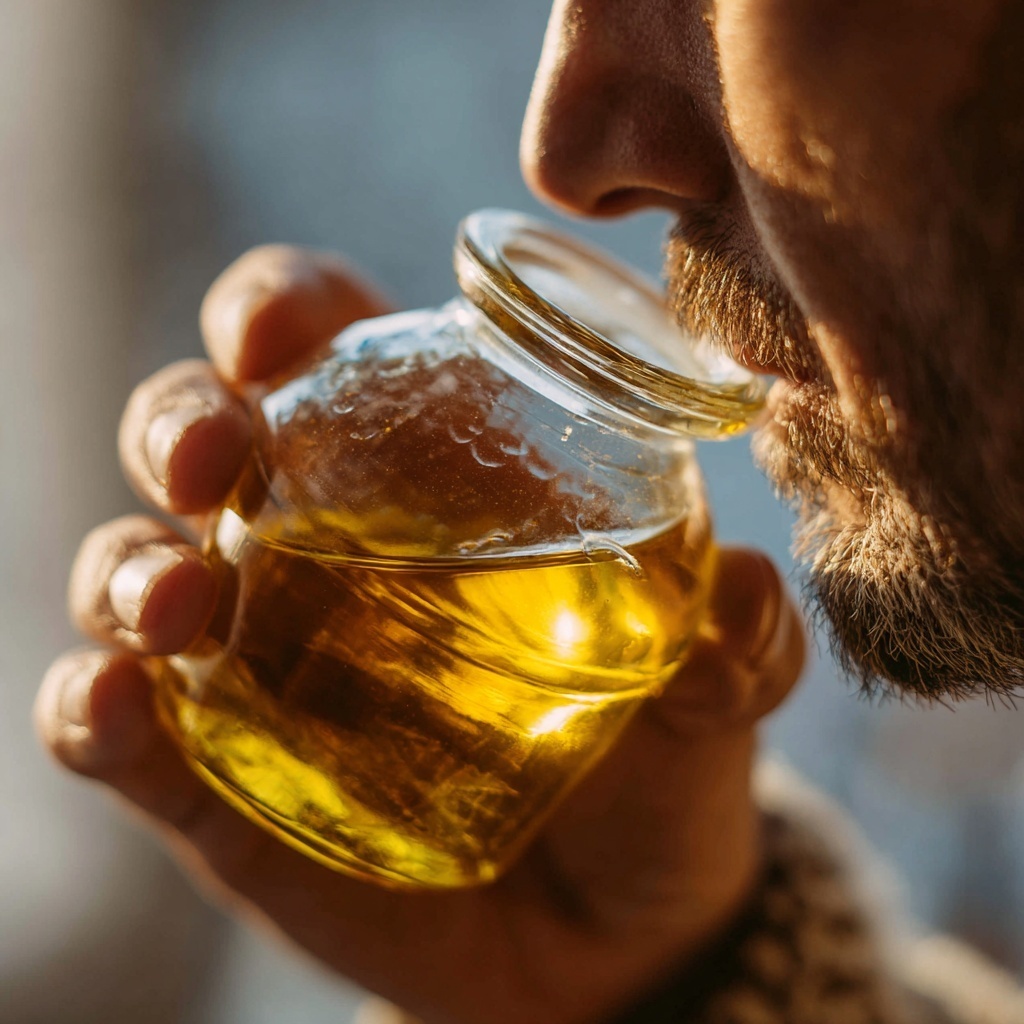 человек открывает стеклянную бутылку масла и нюхает его на кухне при естественном свете