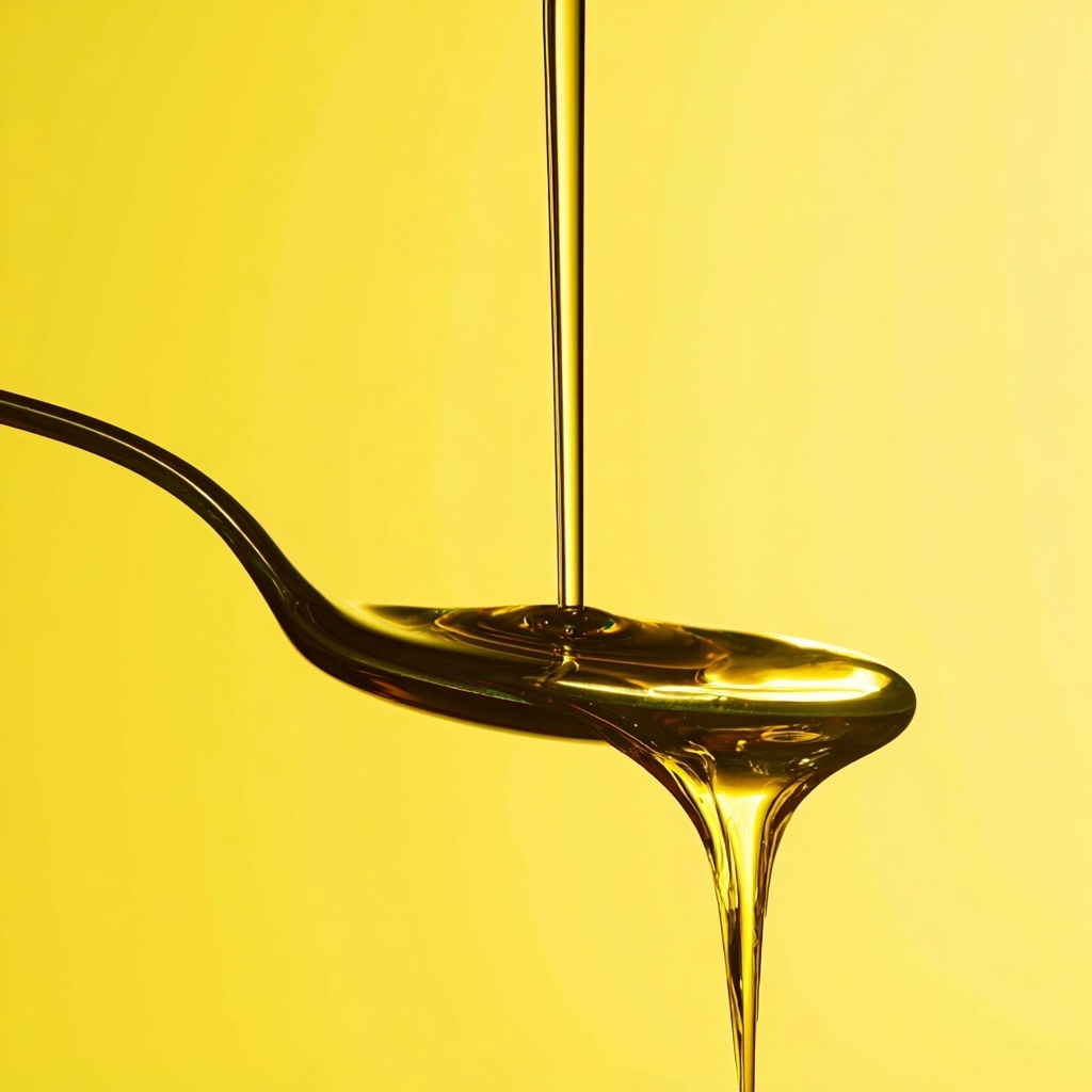 крупный план ложки с растительным маслом, видно текстуру и плотность жидкости
