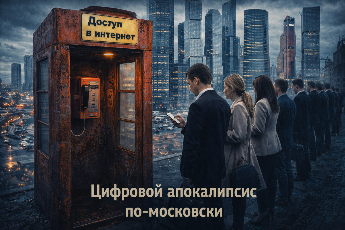 На фоне современных московских небоскрёбов очередь людей с айфонами стоит у старого ржавого таксофона с табличкой «Доступ в интернет».