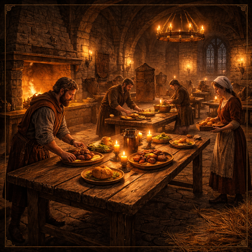 Замковые слуги сервируют ужин. Создано ИИ