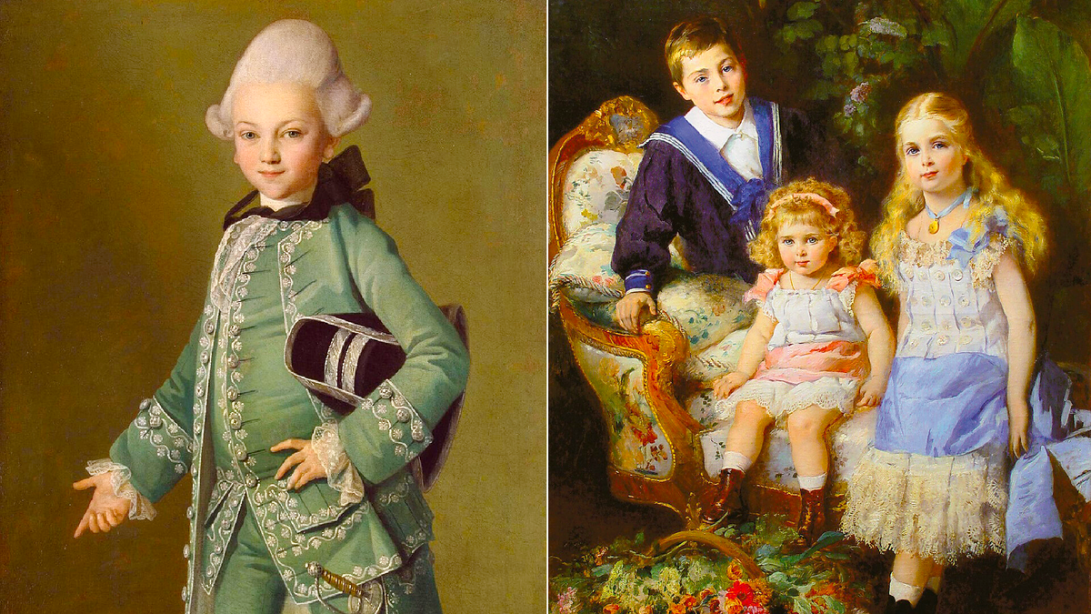 Слева: Алексей Бобринский, сын Екатерины Великой и Григория Орлова, в детстве. К. Л. Христинек, около 1770 года. Справа: портрет детей Александра II и княгини Екатерины Юрьевской (урождённой Долгоруковой): против часовой стрелки сверху слева — Георгий, Екатерина и Ольга. Константин Маковский, 1881 год. 