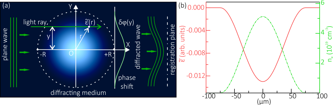 Рисунок 1. (a) Схематическое представление обратной задачи: плоская волна зондирует осесимметричный фазовый объект, регистрируется результирующий фазовый сдвиг 𝛿𝜙(𝑦). (b) Примеры профилей электронной плотности 𝑛𝑒 и дисперсионной части 𝜀 диэлектрической проницаемости для модельного плазменного филамента. Источник: Communications in Nonlinear Science and Numerical Simulation