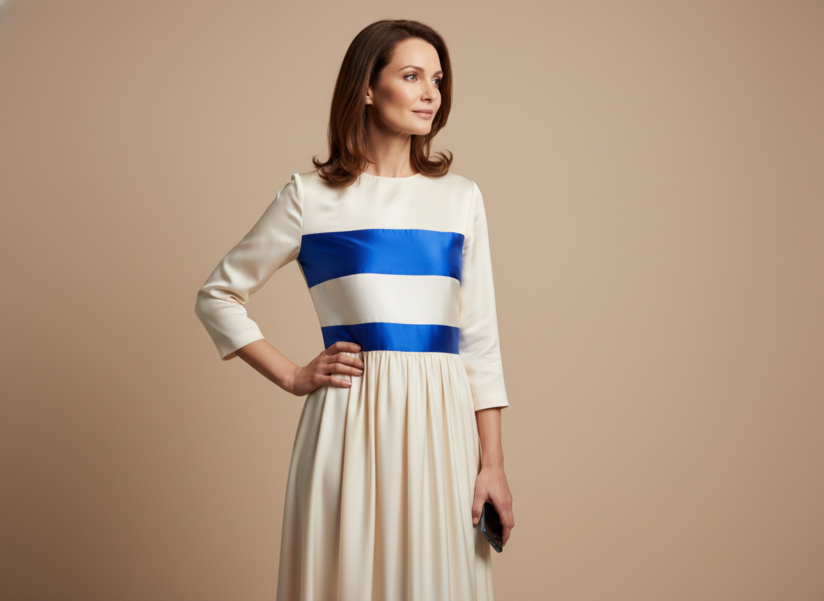 Женщина 38–45 в платье с яркой поперечной полосой выше талии: горизонталь фиксирует взгляд на животе