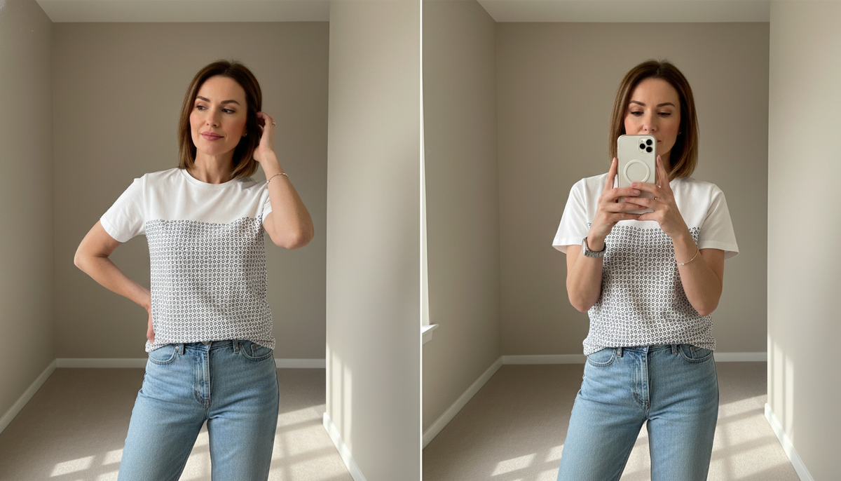 Коллаж: женщина 40+ у зеркала и в «фото с телефона», мелкий активный принт на животе выглядит объёмнее