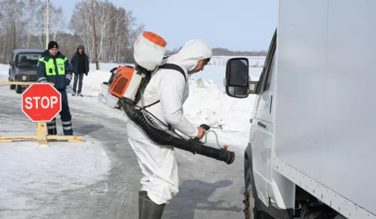     Сотрудник ветеринарной службы дезинфицирует автомобиль в Новосибирской области, где введен карантин по пастереллезу скота. Источник: © РИА Новости Автор фото: Александр Кряжев