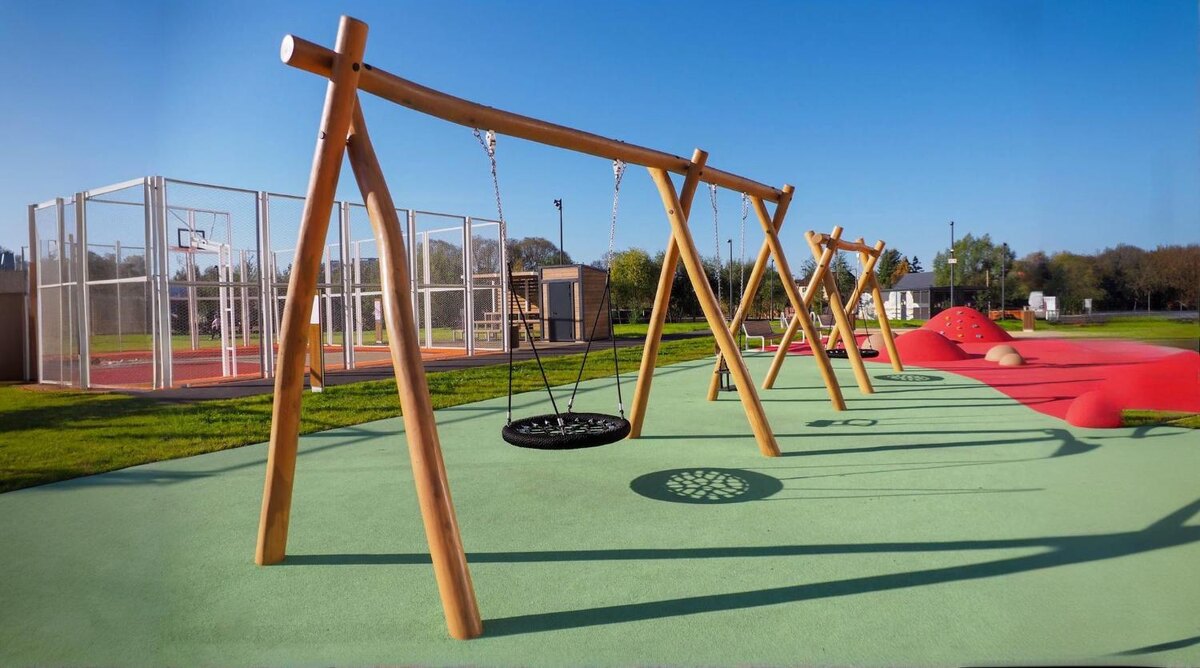 В парке Защитников Москвы в Лобне, мы использовали качели-гнезда из робинии.