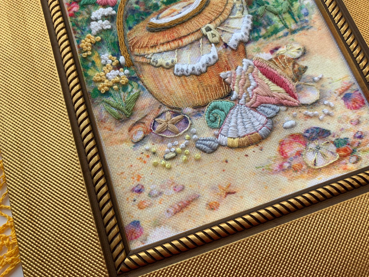 Первая и единственная моя вышивка гладью раритетного dimensions «Корзинка и ракушки». Подарок моей рукодельной подруги.