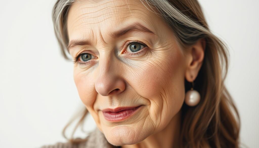    Крупный план лица женщины 35-44 лет с легкими признаками старения.