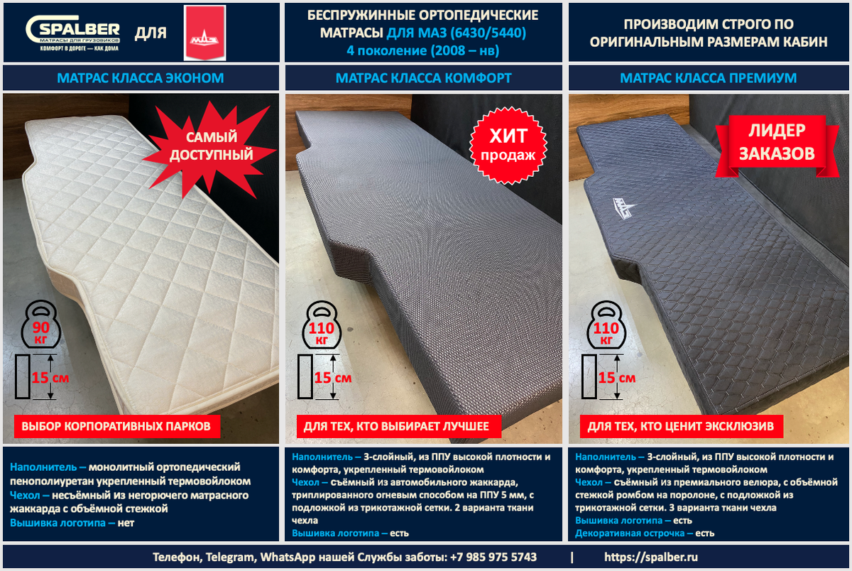 Линейка беспружинных ортопедических матрасов СПАЛБЕР Эконом, Комфорт, Премиум для МАЗ (6430/5440) 4 поколение (2008 – нв). Фото СПАЛБЕР.