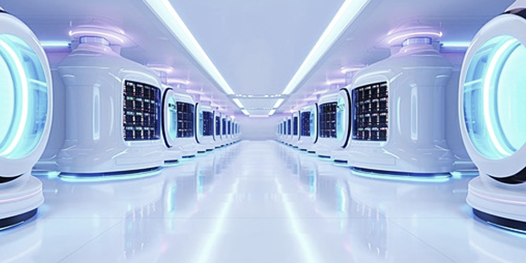 Бионический дата-центр будущего: серверные стойки, где вместо кремниевых пластин — резервуары с живыми культурами. Изображение носит концептуальный характер.