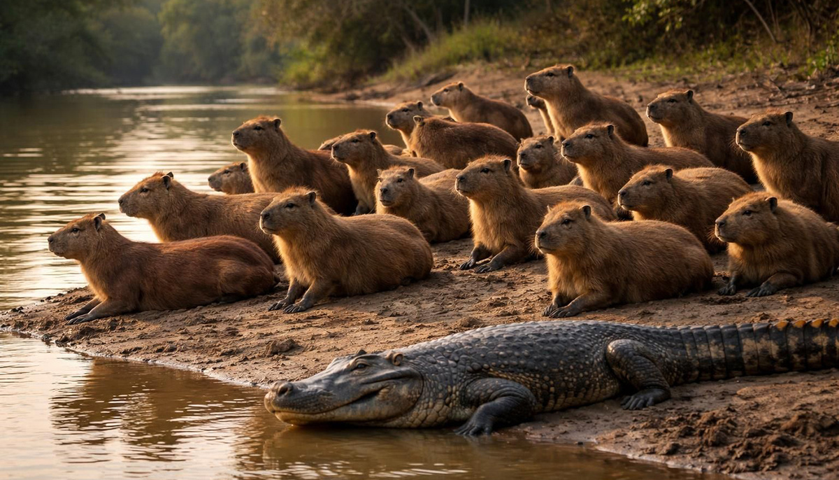 Двадцать пар глаз следят за горизонтом лучше, чем одна. Капибары живут группами до 30 особей, и пока сигнала тревоги нет – группа сохраняет олимпийское спокойствие. Соседство выгодно и крокодилу: можно дремать, полагаясь на «сигнализацию».