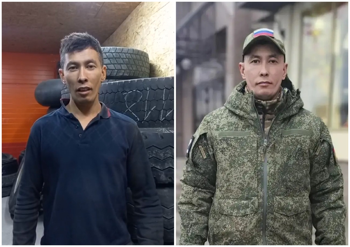 Коллаж: Альберт Галимов в шиномонтажном ангаре / скриншот из видео в ТТ. Альберт перед отправкой на СВО. Фото: Светлана Гундай / предоставлено для публикации hornews.com