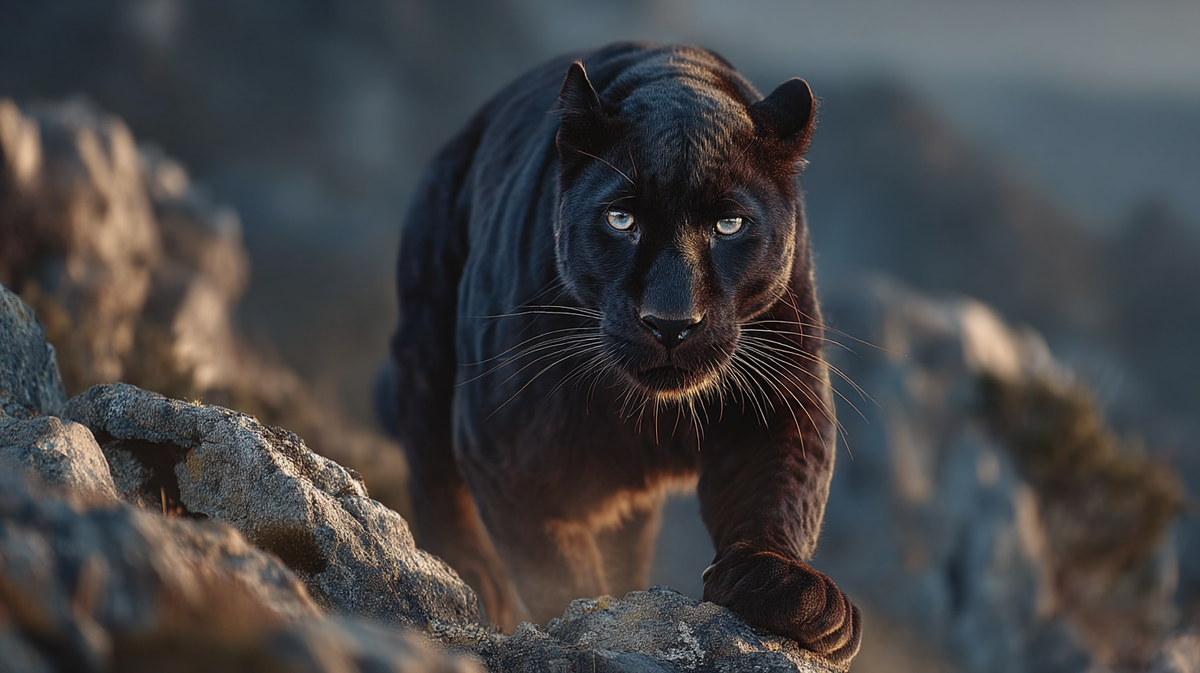 Изображение по промту: Powerful black panther leaping between rocky cliffs, sleek dark fur catching sunset light, muscles tensed mid-jump, dramatic canyon backdrop, dust particles illuminated by golden hour light, intense focus in piercing eyes, perfect athletic form, wilderness adventure, extreme wildlife photography, shot with Canon EOS R5, 400mm f/2.8L IS III USM telephoto lens, 1/4000s shutter speed, shallow depth of field, National Geographic expedition style, ultra-detailed fur texture, majestic predator, raw nature, 8K resolution, high dynamic range capturing both shadows and highlights, unique perspective from below emphasizing strength and grace, crisp detail in whiskers and paws.

