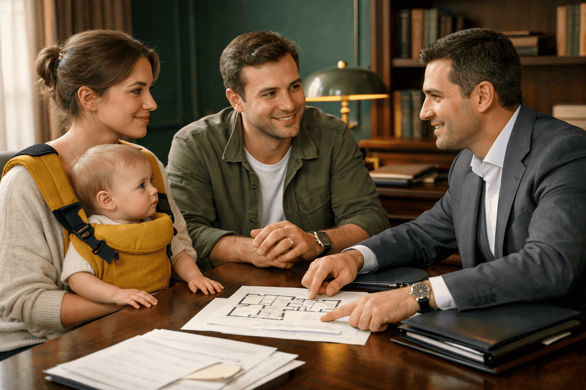 Семья с ребенком обсуждает продажу квартиры с риелтором за столом с документами