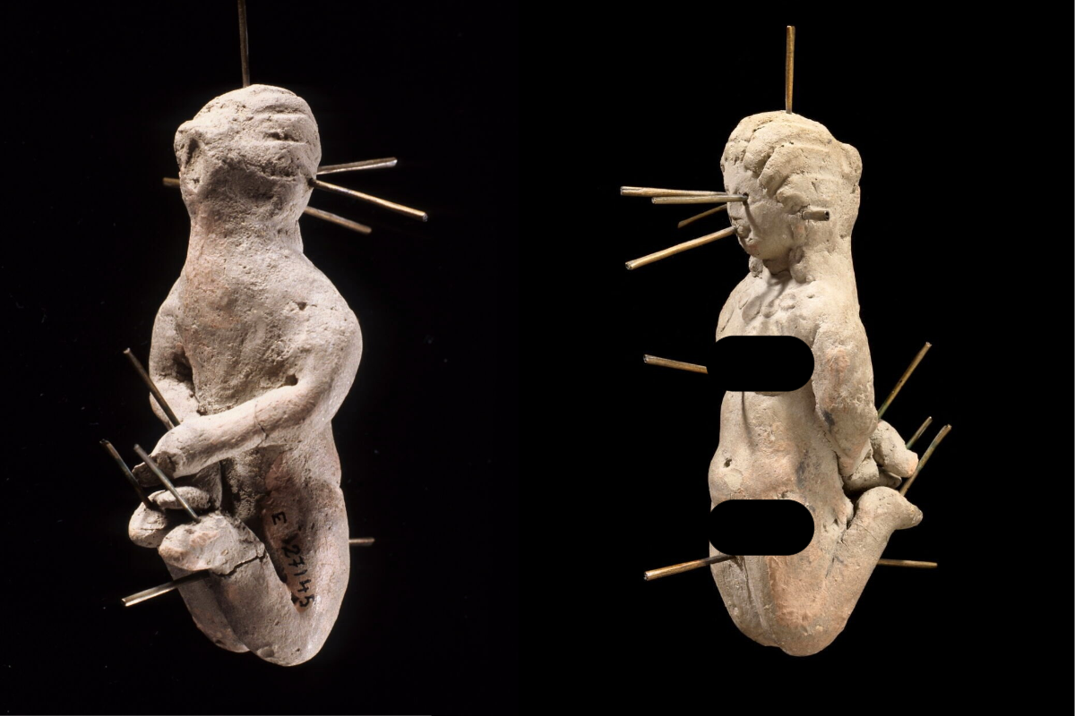 Фигурка женщины, пронзенной иглами. Египет, 200-399 гг., глина, медь, высота 9,6 см © Лувр, Франция