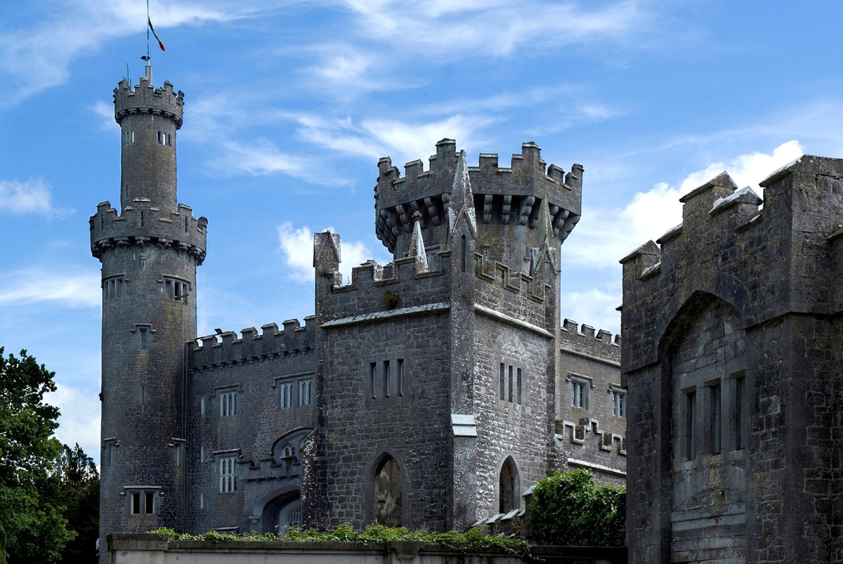 На этом изображении запечатлен замок Шарлевиль (Charleville Castle), расположенный недалеко от города Талламор в графстве Оффали, Ирландия. Этот величественный замок в неоготическом стиле был построен в начале XIX века