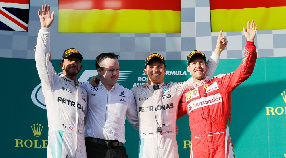 Гран-при Австралии 20 марта 2016: победитель Нико Росберг, 2-й Льюис Хэмилтон, 3-й Себастьян Феттель
