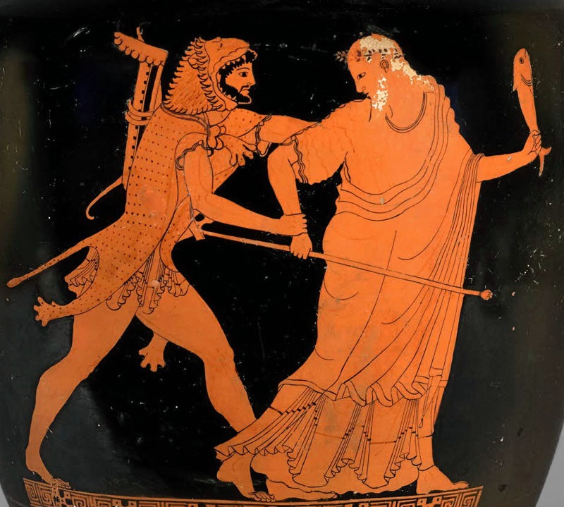 Краснофигурная вазопись "Нерей и Геракл",  5 век до н.э. Британский музей, Лондон