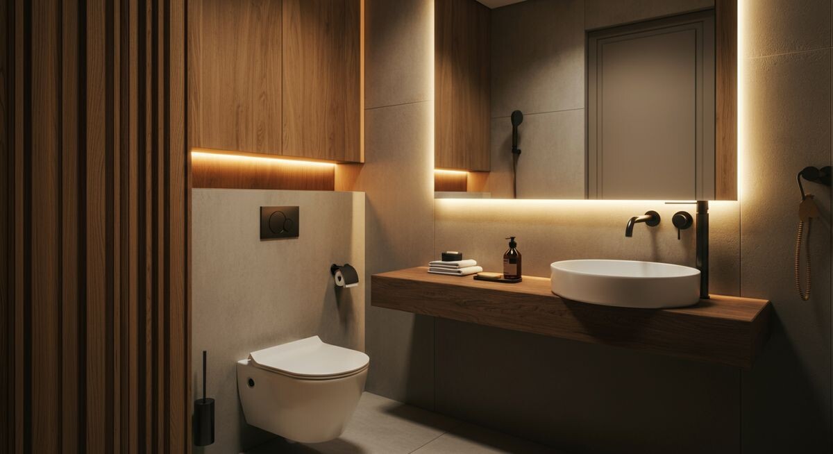 Маленькая, но светлая и функциональная ванная комната в современном минималистичном стиле с подвесным унитазом, интегрированной раковиной и большим зеркалом, отражающим свет.