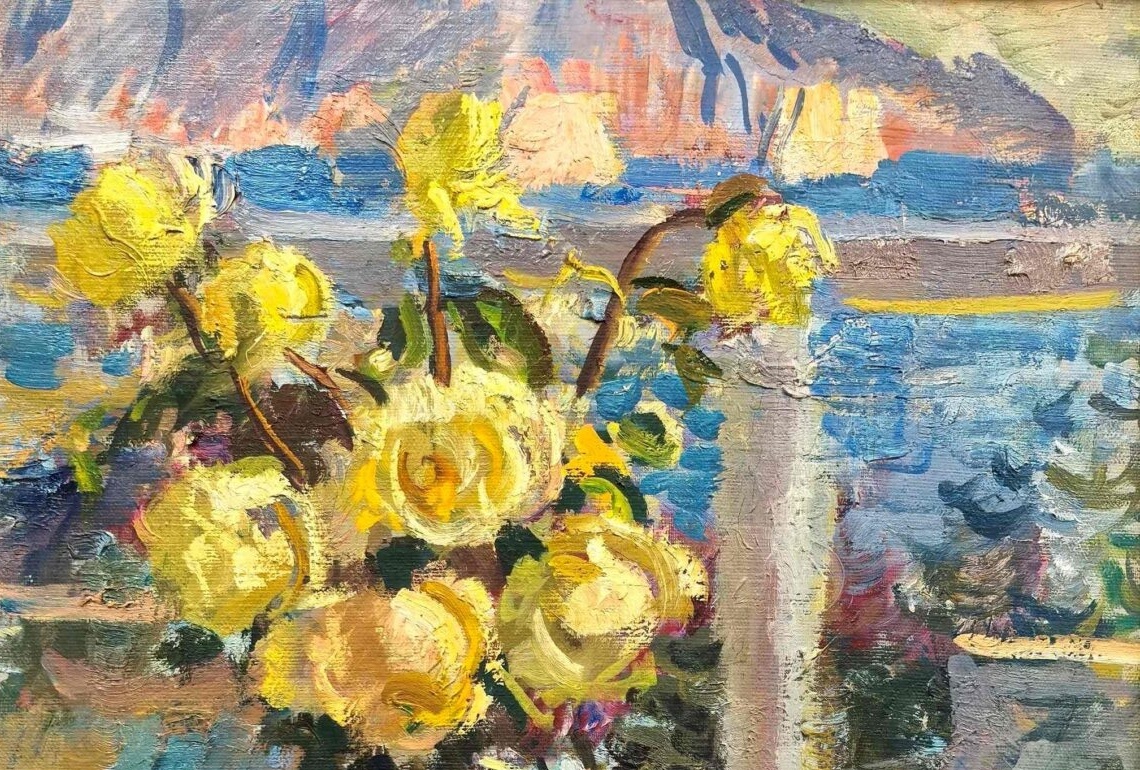 Нина Сергеева. «Чайные розы» (фрагмент). 1983 год. Холст, масло. 80х60. Из художественного собрания Музея Норильска. Источник: norilskmuseum.ru