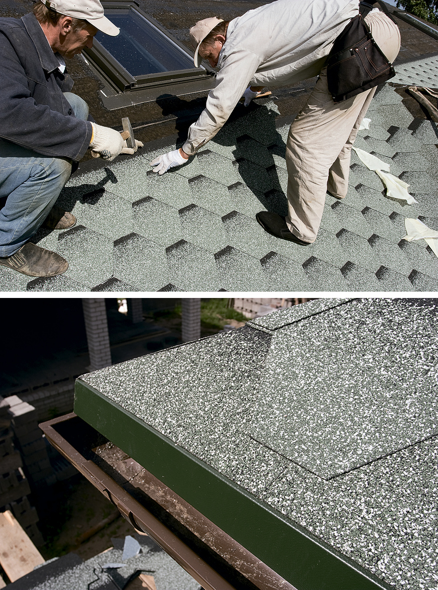 20, 21. На стропилах создали сплошной настил из ОСП-плит, закрепили по периметру водостоки и уложили мягкую битумную черепицу