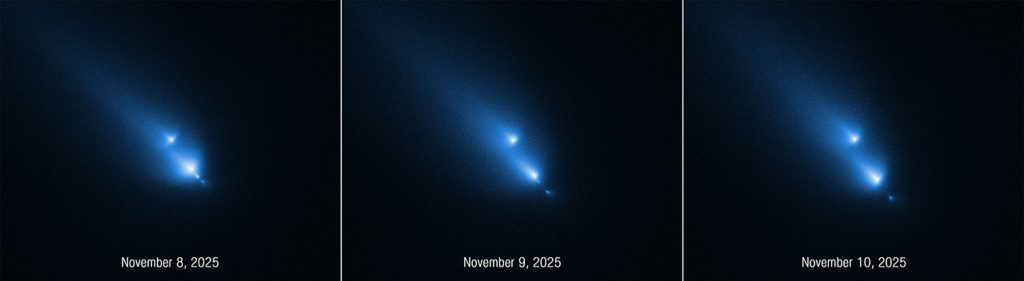 Серия снимков распада кометы C/2025 K1 (ATLAS), сделанных космическим телескопом «Хаббл», была получена в течение трёх дней подряд: 8, 9 и 10 ноября 2025 года. Это первый случай, когда «Хаббл» зафиксировал комету на столь ранней стадии процесса распада. Изображение: NASA, ESA
