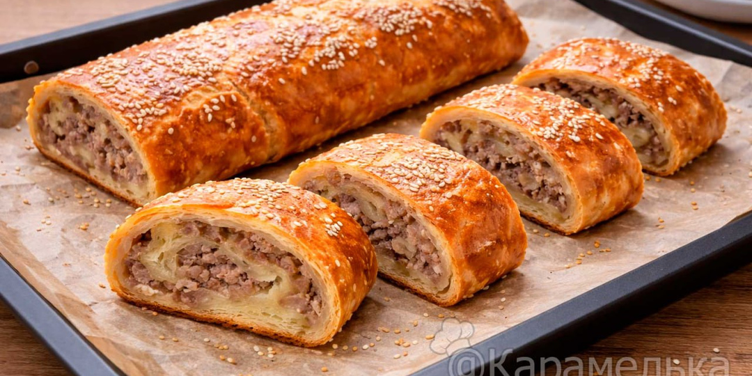Рулет из слоёного теста с фаршем, простой рецепт на каждый день