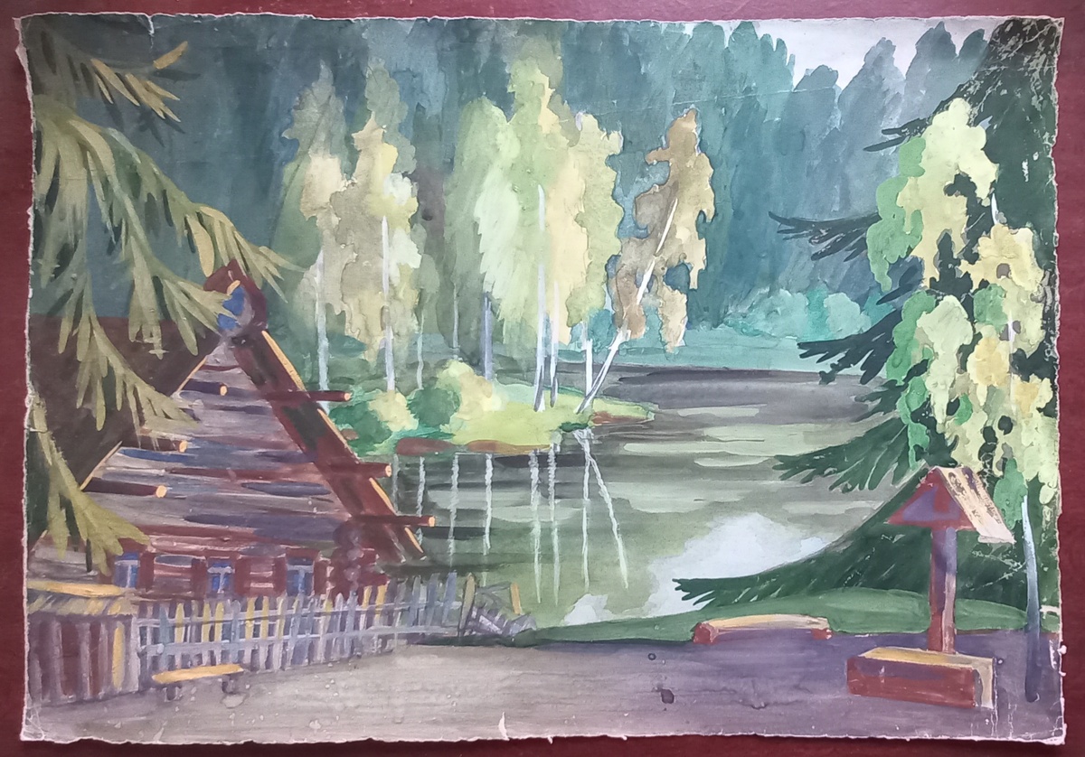 1963 г.. Художник Блинов Н. А.. Эскиз декорации к спектаклю Свердловской музкомедии "Сто чертей и одна девушка". Бумага (размер 42,0х60,0 см), гуашь. Из архива автора.