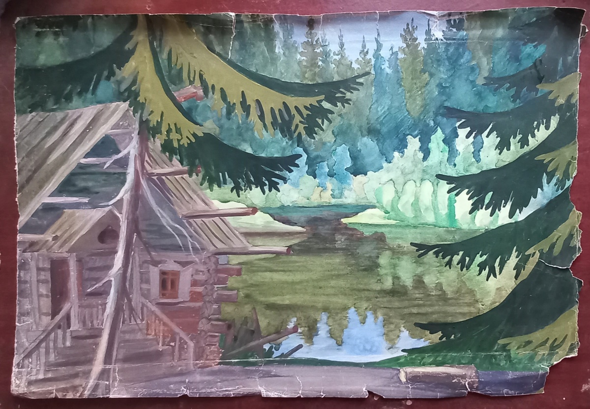 1963 г.. Художник Блинов Н. А.. Эскиз декорации к спектаклю Свердловской музкомедии "Сто чертей и одна девушка". Бумага (размер 46,1х68,2 см), гуашь. Из архива автора.