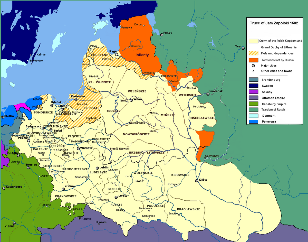 Ям-Запольский мир в 1582, оранжевым цветом обозначена территория переданная Речи Посполитой Московским государством