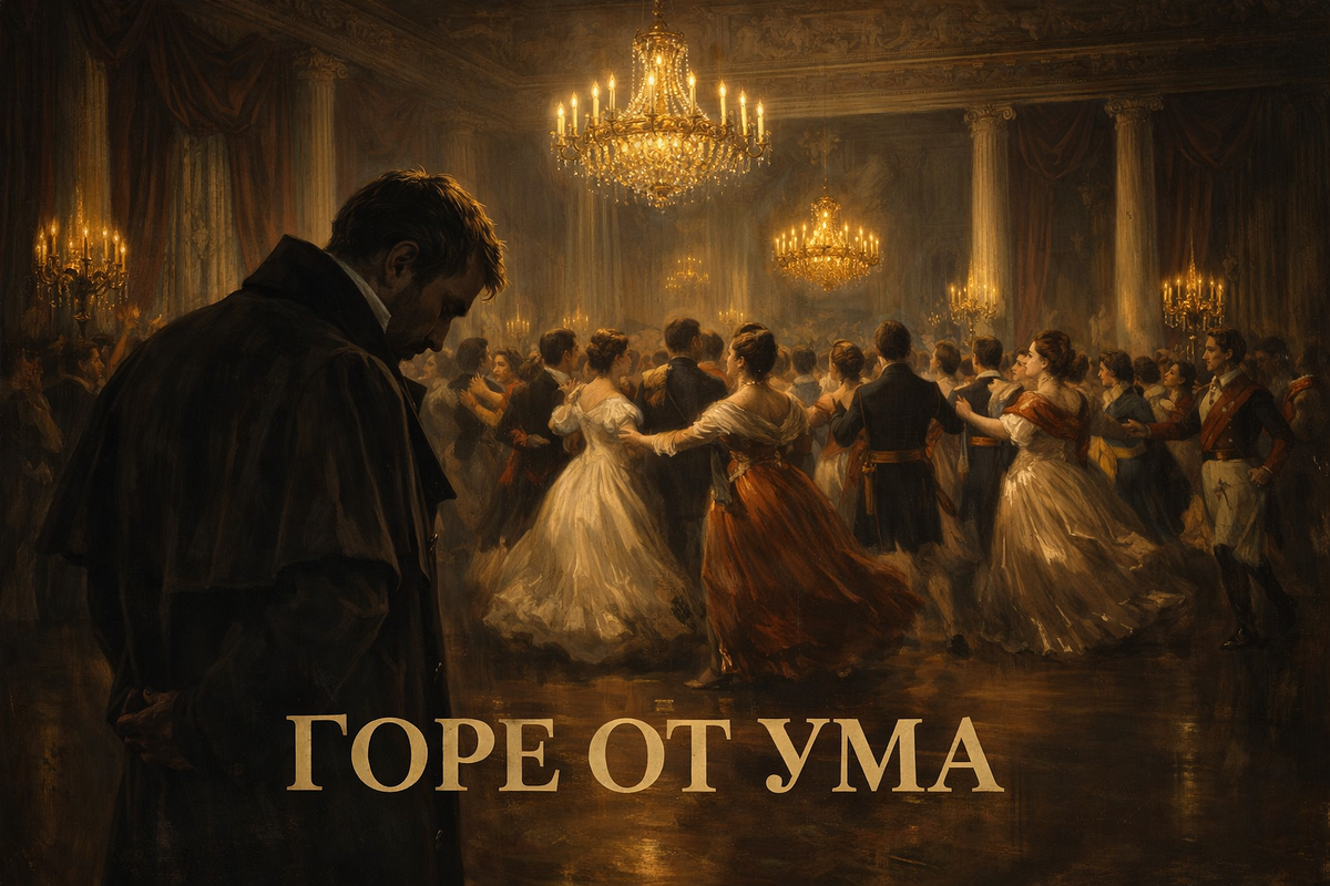 Обложка книги «Горе от ума» А. С. Грибоедова. На переднем плане — одинокая фигура Чацкого в темном, стоящего спиной. На заднем плане, в золотистом свете, размытая толпа танцующих дворян на балу. Атмосфера одиночества и противостояния. Название книги крупным шрифтом внизу.