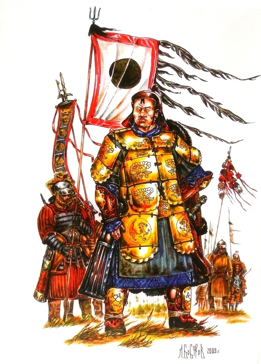 Монгольский военачальник в "медном" панцире. Реконструкция и рисунок Л.А. Боброва.