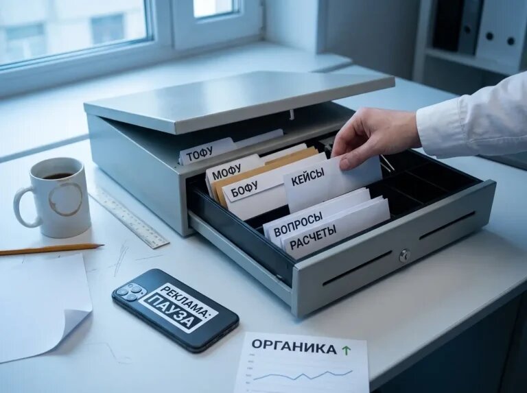    Этапы контента разложены как активы: система продолжает работать даже при паузе рекламы. "Kontenium"