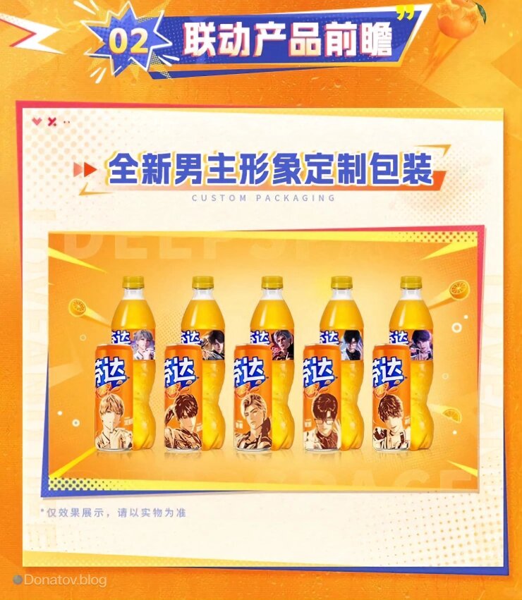    Пять вариантов упаковки напитков Fanta с персонажами Love and Deepspace