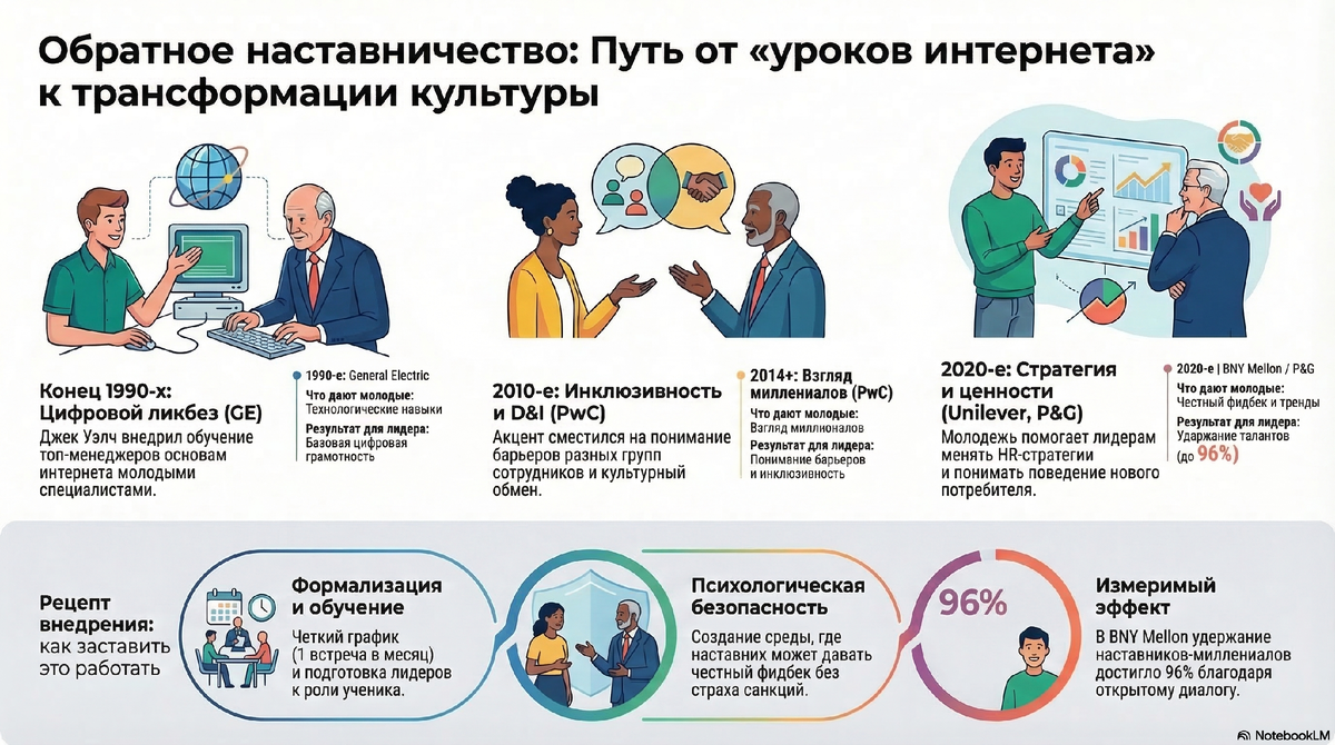 Инфографика по истории развития обратного наставничества