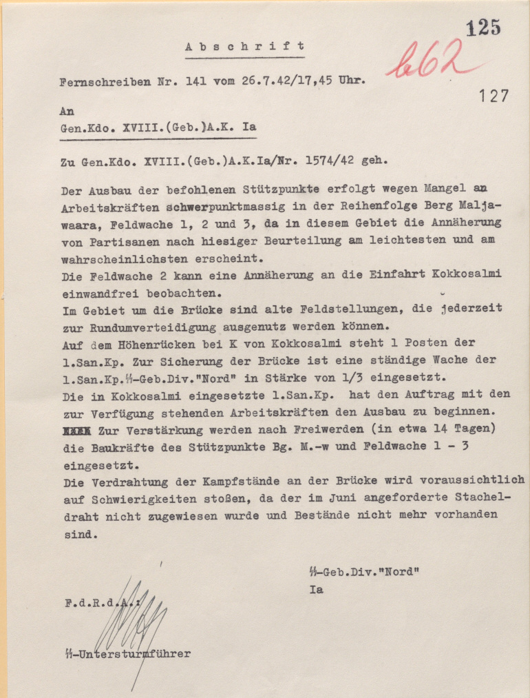 Основное: В связи с нехваткой рабочей силы оборудование опорных пунктов будет производиться по порядку, сначала на горе Мялья-вара, затем полевые караулы №1, №2 и №3, так как появление партизан в этом районе является наиболее вероятным. В районе моста есть старые полевые укрепления, в которых в любой момент можно занять круговую оборону. Установка проволочного заграждения у моста маловероятно, так как проволока, которую запрашивали в июне, не привезли, а её запасы почти закончились.