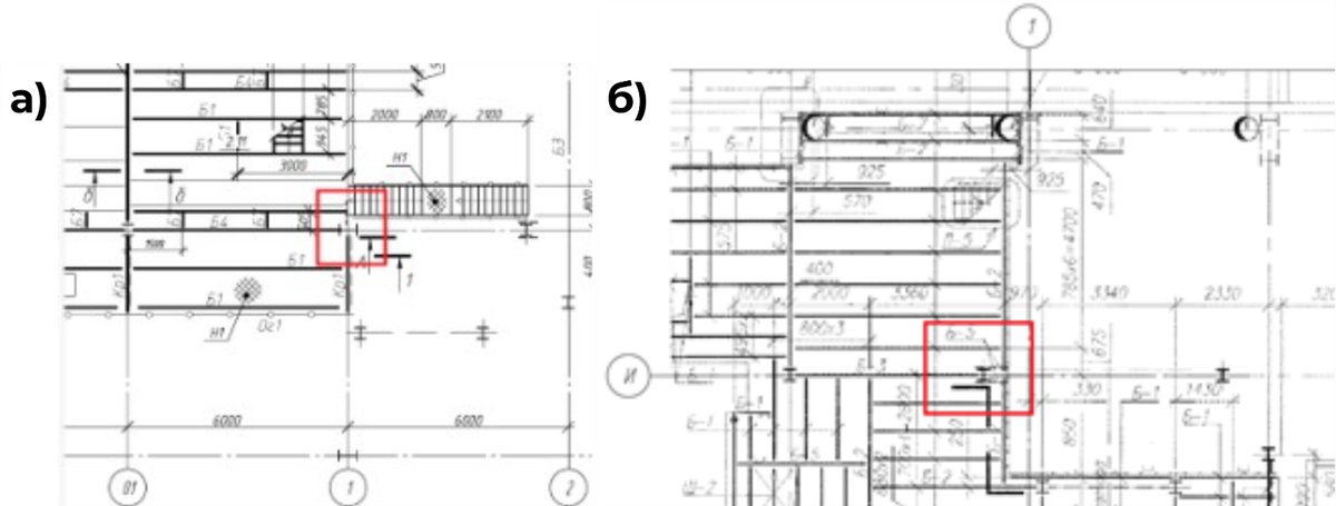 Рисунок 2. Положение колонны по исходному проекту (а), фактическое положение колонны (б)