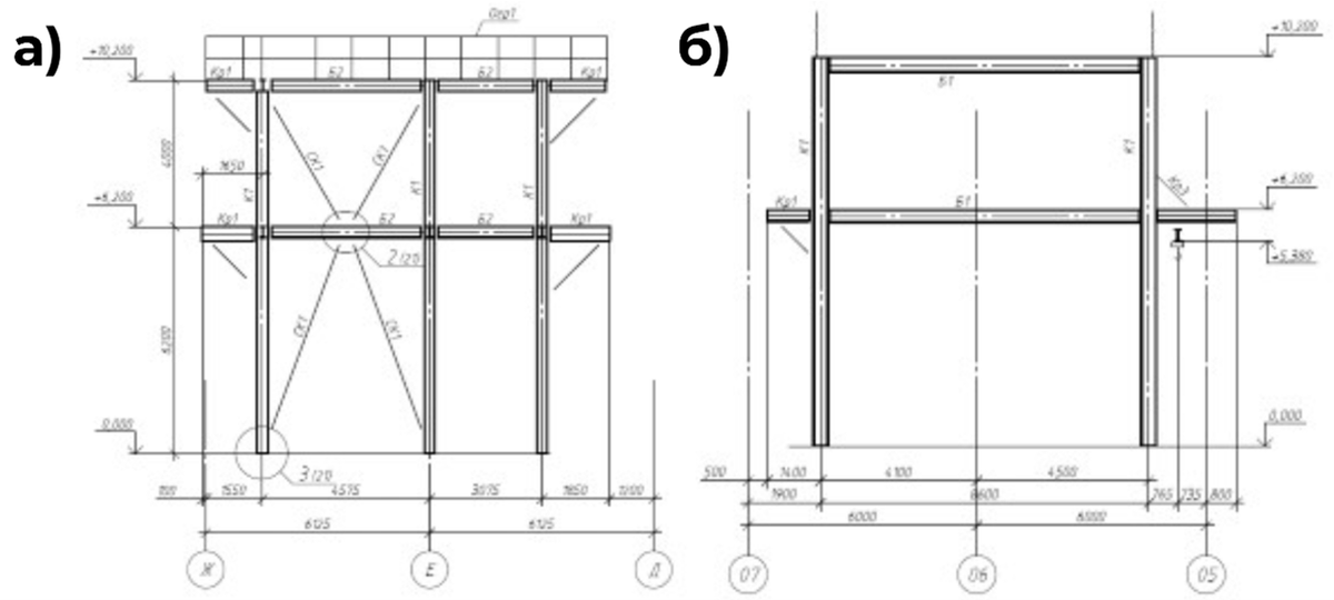Рисунок 3. Связи площадки в поперечном направлении (а), рамы площадки в продольном направлении (б)