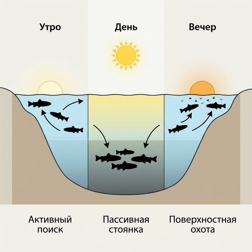 Суточное поведение форели: активный поиск, пассивная стоянка, поверхностная охота.Тексты на иллюстрации могут быть неточными