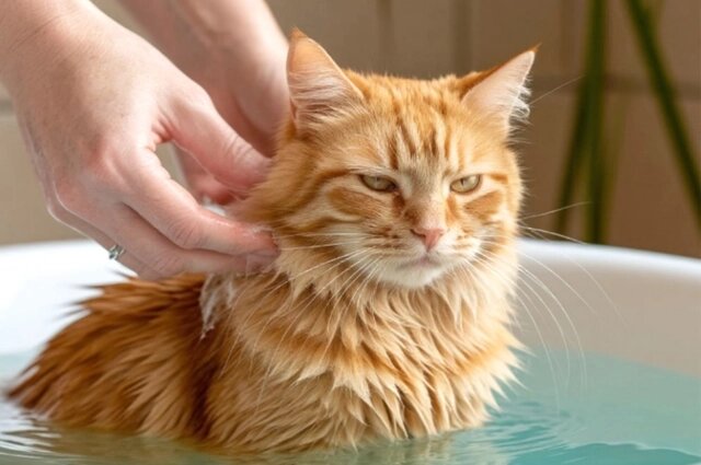    Не все кошки любят водные процедуры. Фото: сгенерировано нейросетью «Шедеврум»