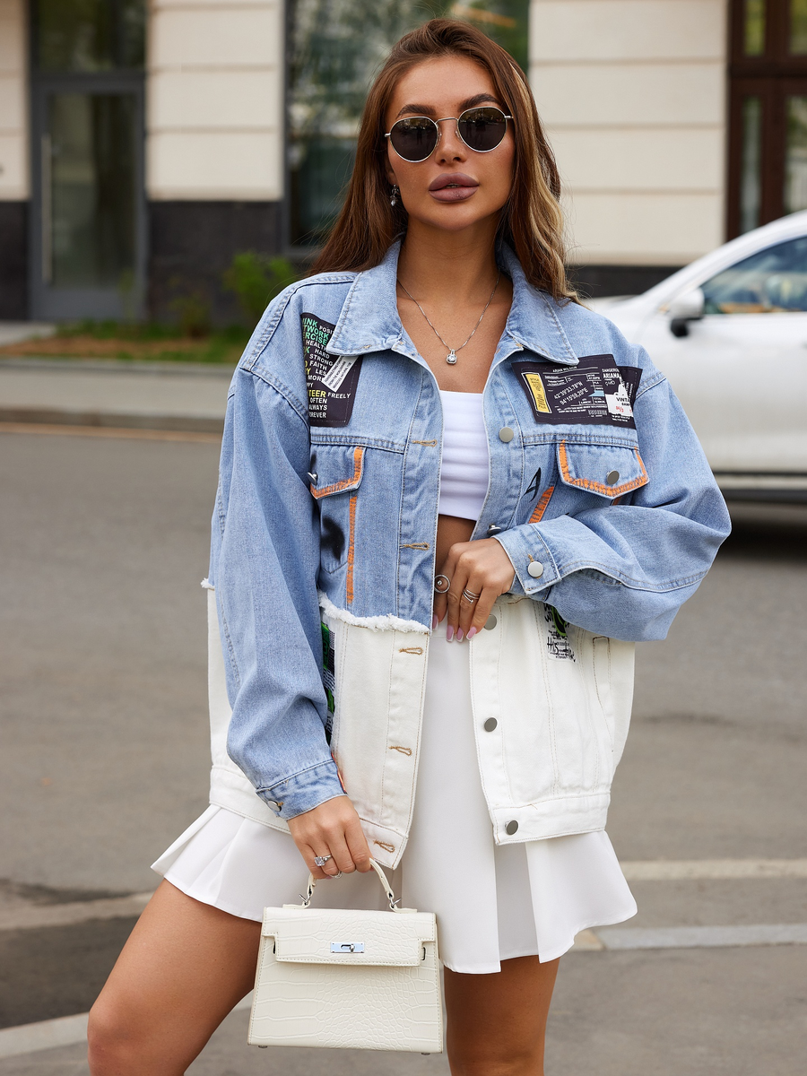 Куртка джинсовая с принтом оверсайз Lakomes (голубой + белый)